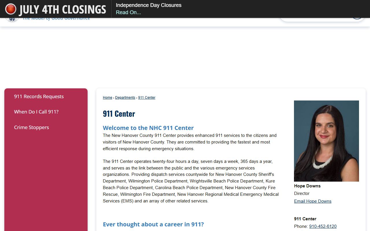 New Hanover County phone directory 911 Center contacts