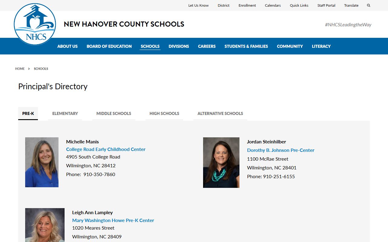 New Hanover County phone directory school listings
