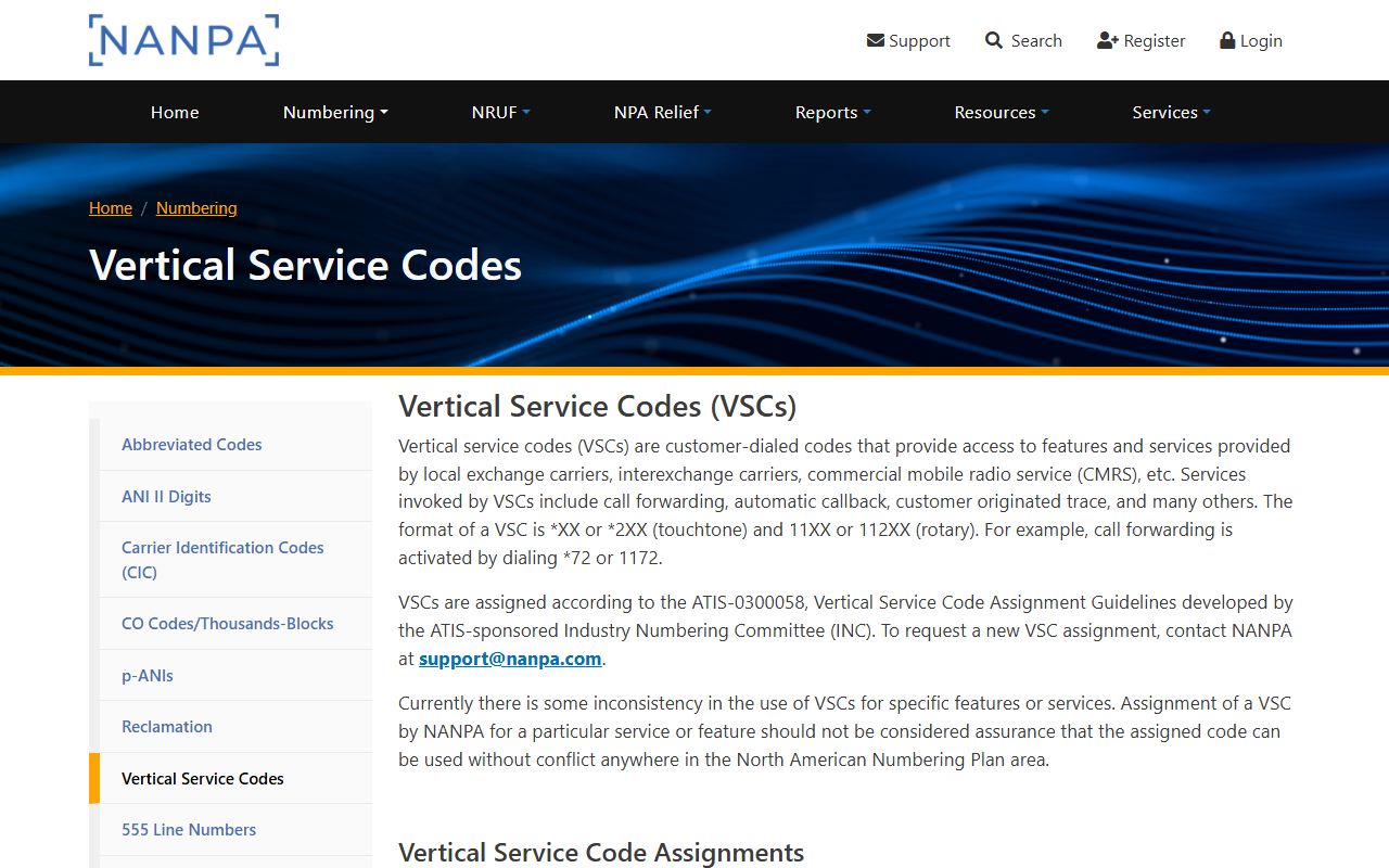 New Hanover County phone codes NANPA vertical service code reference