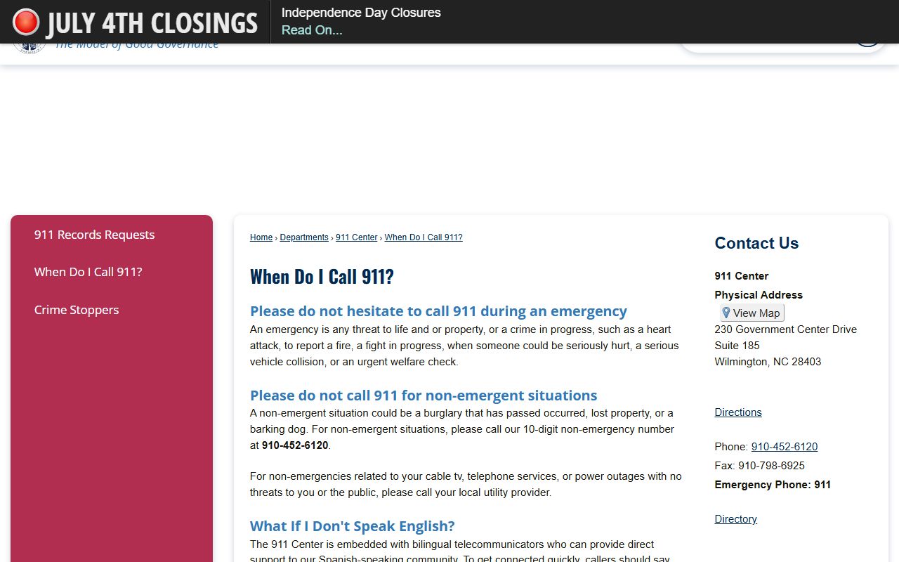 New Hanover County phone numbers 911 non-emergency guidance
