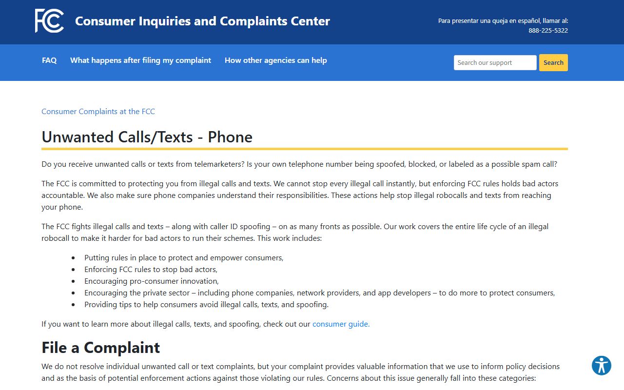 New Hanover County phone numbers FCC unwanted calls complaint